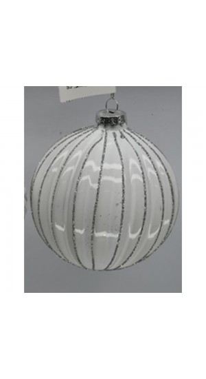   WHITE GLASS BALL ORNAMENT WITH SILVER LINES 8CM SET 6