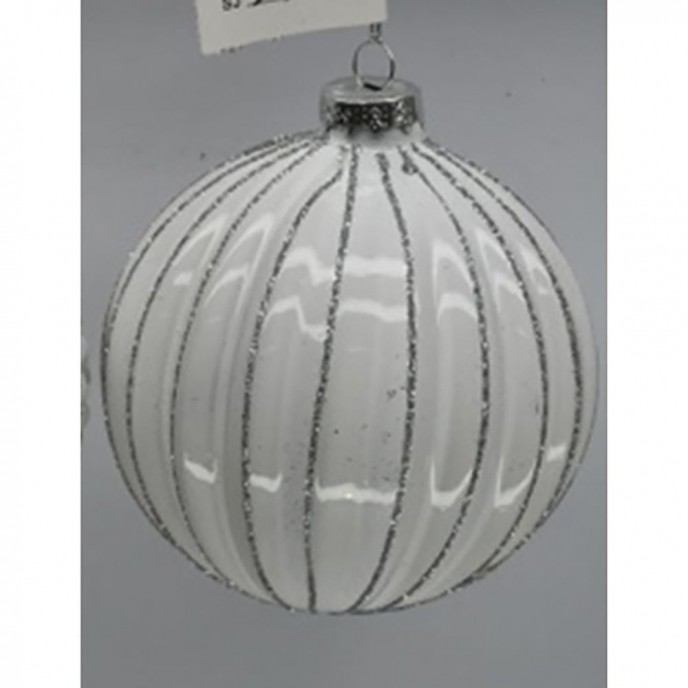   WHITE GLASS BALL ORNAMENT WITH SILVER LINES 8CM SET 6 