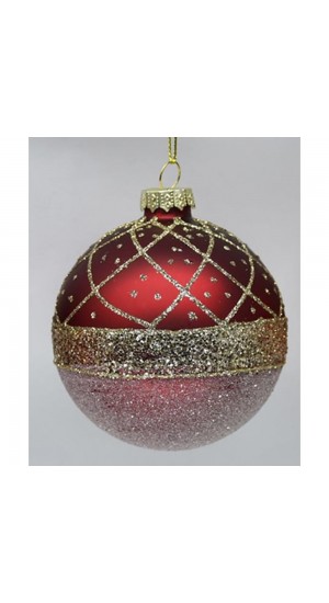  RED GLASS BALL ORNAMENT WITH GOLD DETAILS  10CM SET 4