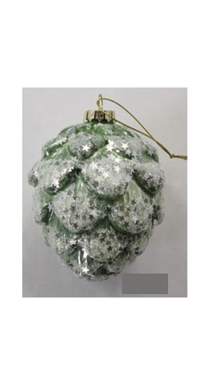  FOREST GREEN WHITE VINTAGE GLASS PINE CONE ORNAMENT  10CM SET 4