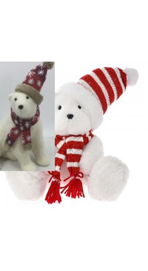  WHITE POLAR BEAR WITH RED POLKA DOT HAT AND SCARF 27Χ19Χ25CM