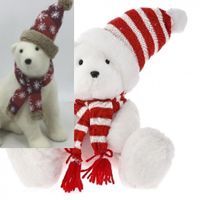  WHITE POLAR BEAR WITH RED POLKA DOT HAT AND SCARF 19Χ25Χ22CM 