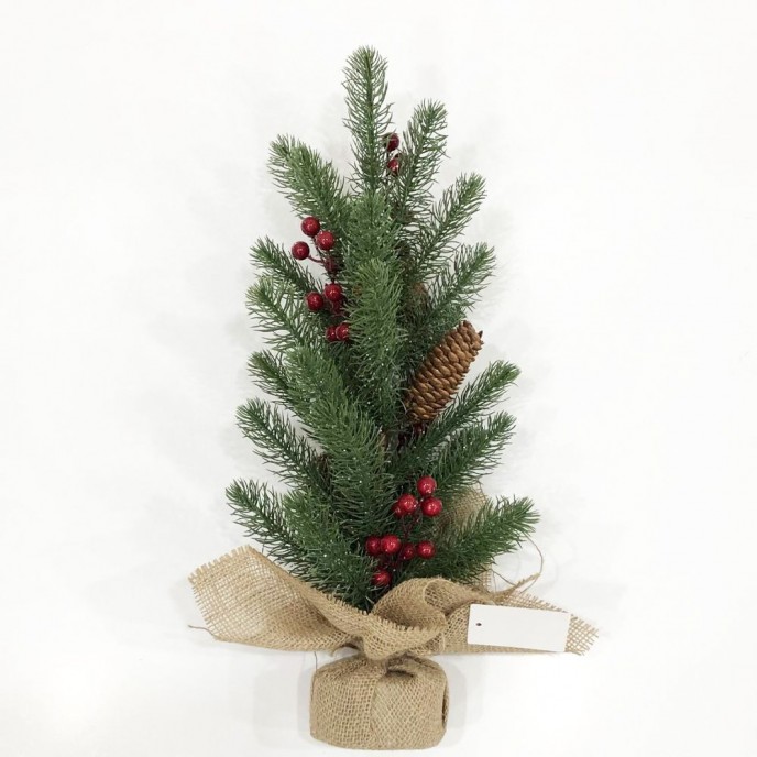  SMALL CHRISTMAS TREE WITH RED BERRIES IN JUTE BAG 53CM 