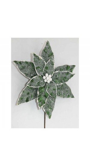  XMAS GREEN FROSTED POINSETTIA PICK 33X30CM