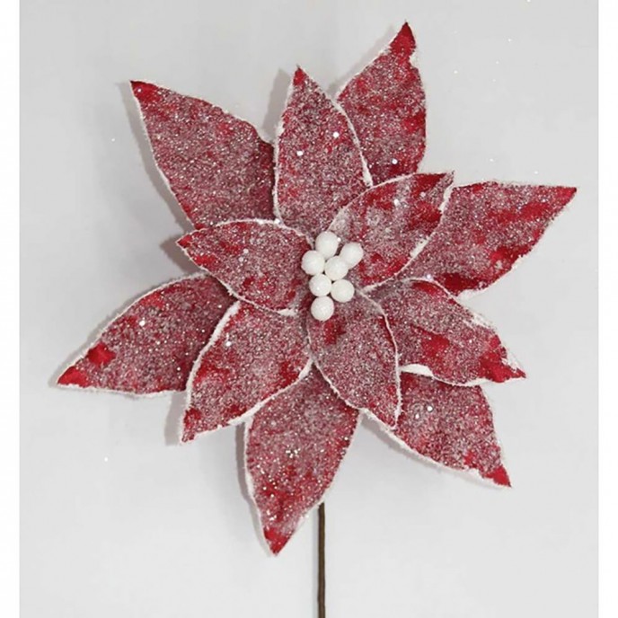  XMAS RED FROSTED POINSETTIA PICK 33X25CM 