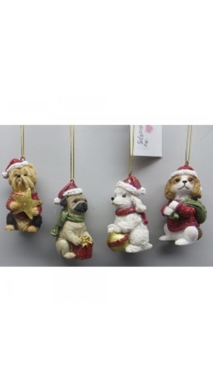  RESIN CHRISTMAS DOG ORNAMENT 4.5X8CM 4 STYLES ASSORTED