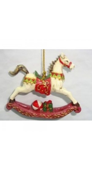  RED RESIN ROCKING HORSE ORNAMENT 8.5X2X7.5CM