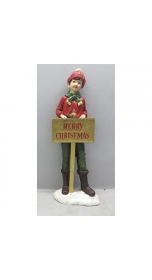  RED RESIN BOY WITH MERRY CHRISTMAS SIGN FIGURINE 11X7X30CM