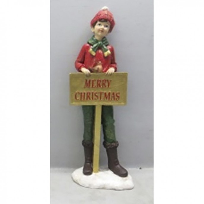  RED RESIN BOY WITH MERRY CHRISTMAS SIGN FIGURINE 11X7.5X30.5CM 