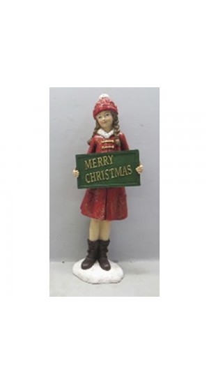  RED RESIN GIRL WITH MERRY CHRISTMAS SIGN FIGURINE 11X7X30CM