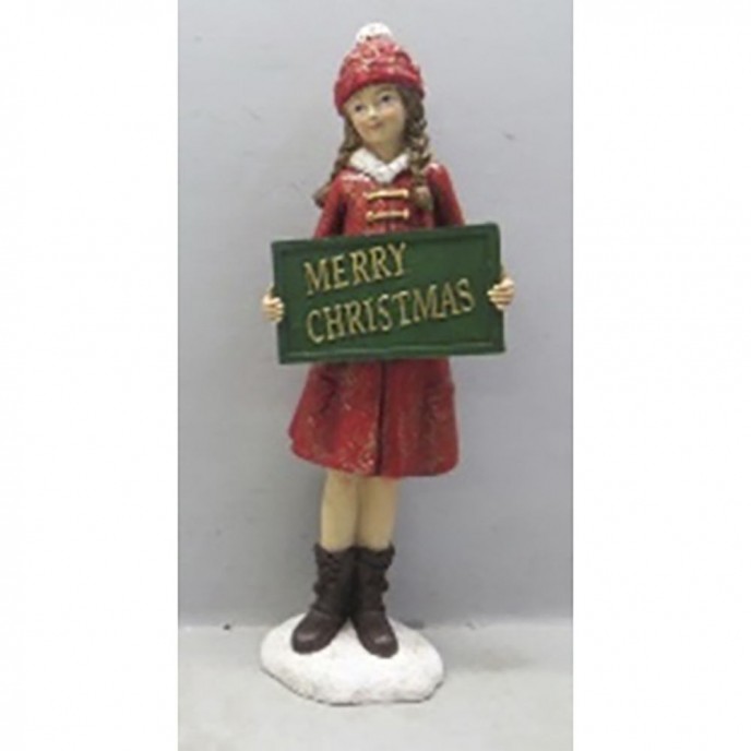  RED RESIN GIRL WITH MERRY CHRISTMAS SIGN FIGURINE 11X8X31CM 