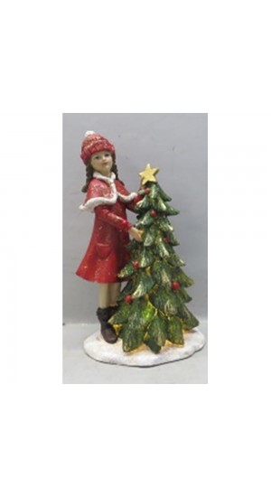  RED RESIN GIRL DECORATING CHRISTMAS TREE FIGURINE WITH LIGHT 12X9.5X21CM
