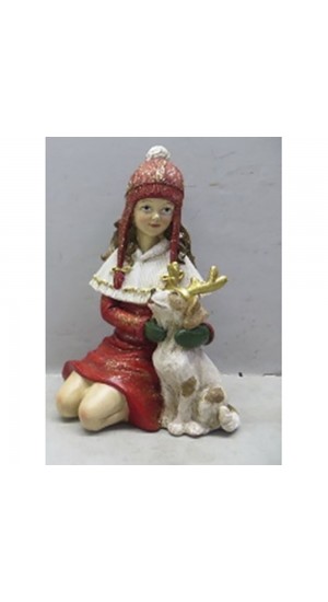  RED RESIN GIRL AND DOG FIGURINE 10.5X10X17CM