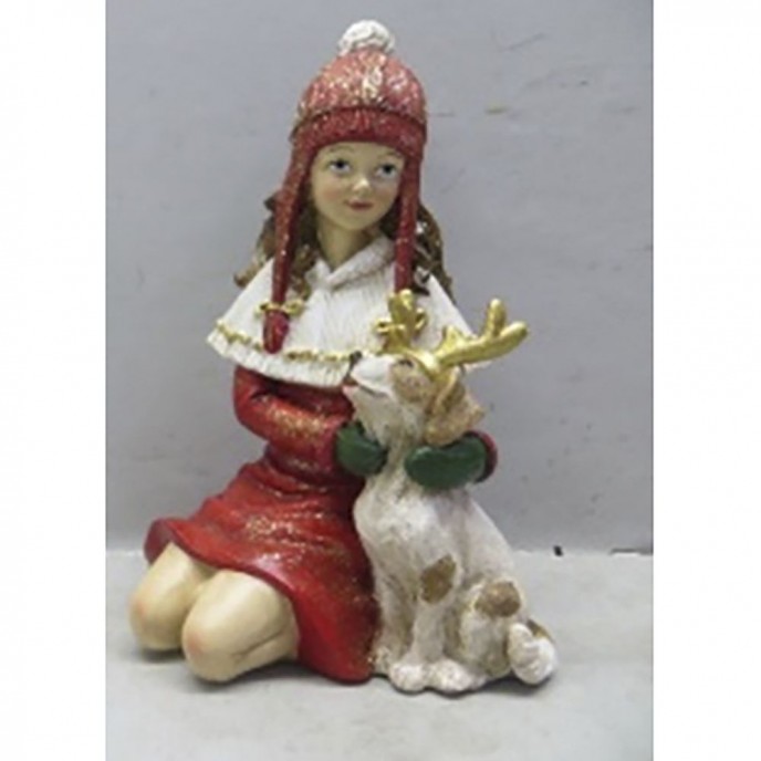  RED RESIN GIRL AND DOG FIGURINE 10.5X10X17CM 