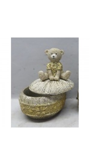  GOLD RESIN ROUND BOX WITH BEAR LID 6.5X6.5X10CM