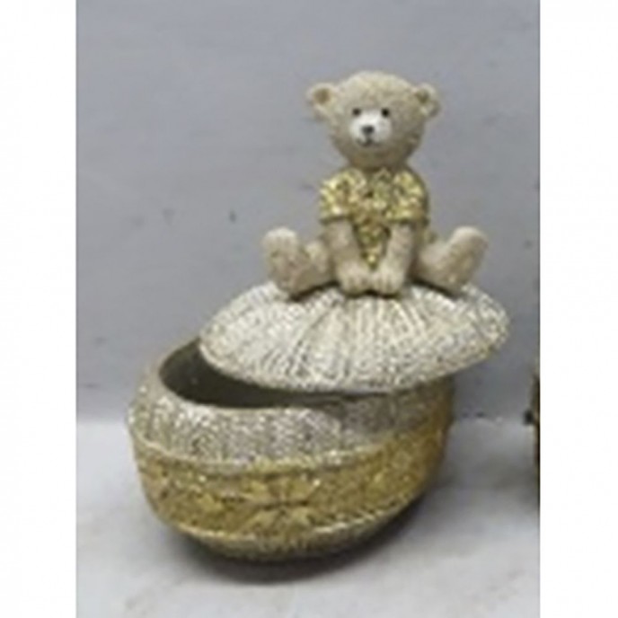  GOLD RESIN ROUND BOX WITH BEAR LID 6.5X6.5X10CM 