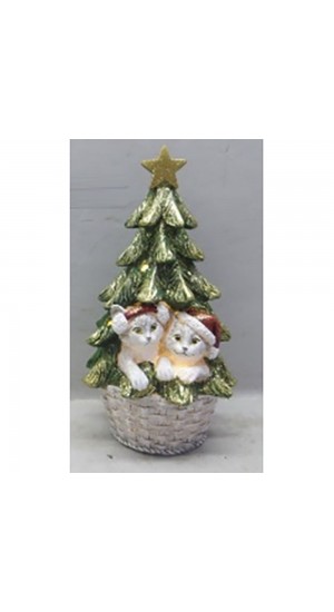  RESIN CATS INSIDE A CHRISTMAS TREE FIGURINE WITH LIGHT 10.5X10.5X19.5CM