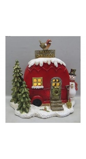  RED RESIN CHRISTMAS CAMPER FIGURINE WITH LIGHT 15X9.5X14CM