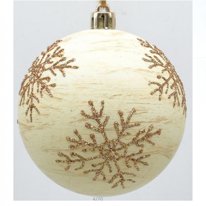  CREAM WITH BROWN GLITTER SNOWFLAKES BALL ORNAMENT SET 6 8CM 
