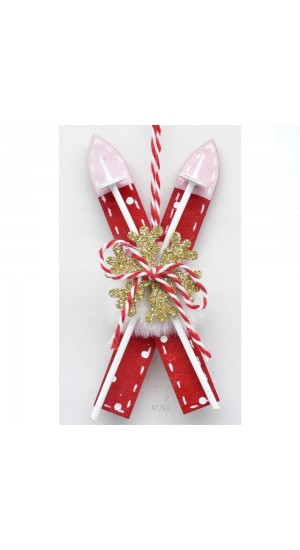  RED WOODEN SKIS ORNAMENT 5.5X12CM