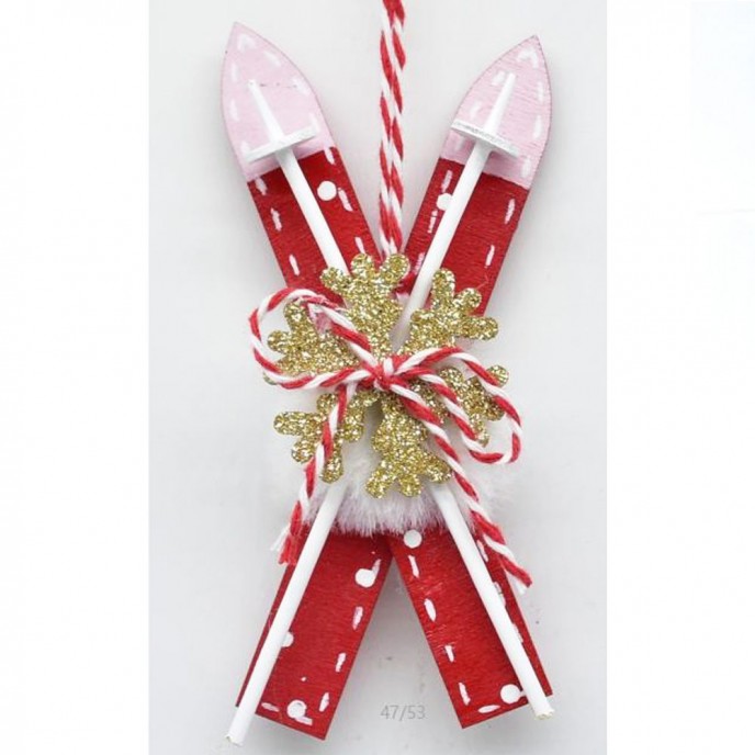 RED WOODEN SKIIS ORNAMENT 5.5X12CM 