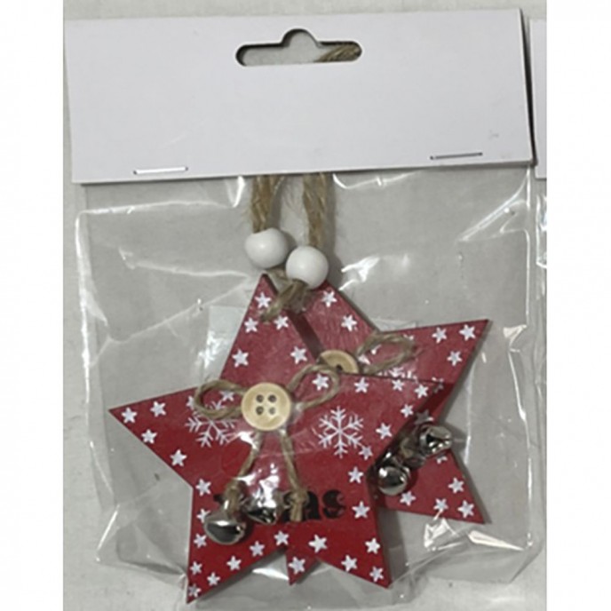   WOODEN HANGING RED STAR SET 2 7.8X7.8X0.5CM 