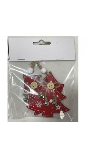  CHRISTMAS RED WOODEN TREE ORNAMENT SET 2 7.2X7.5CM