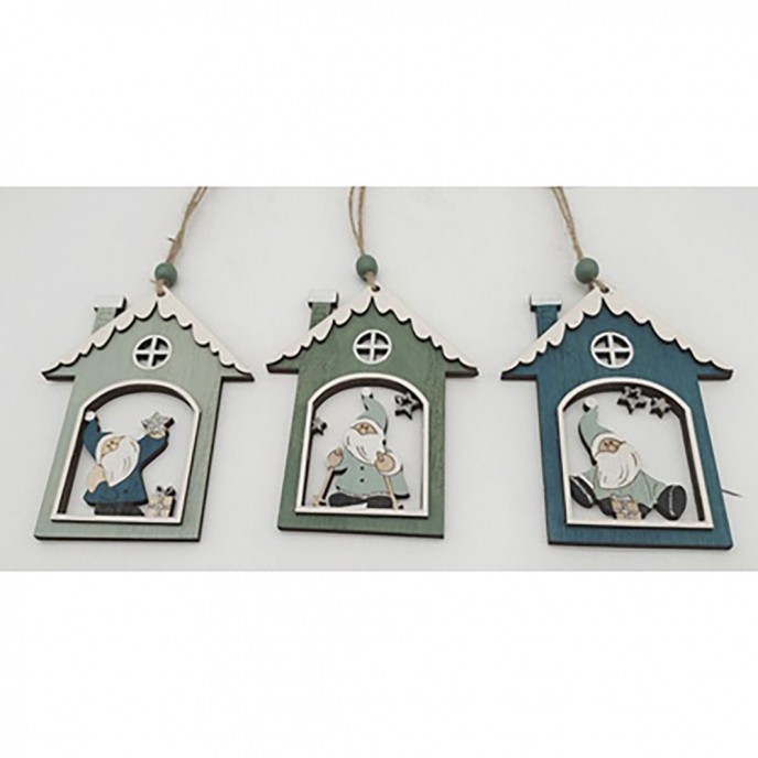  XMAS WOODEN HOUSE HANGING ORNAMENT 10X12.5CM 3 DESIGNS ASSORTED 