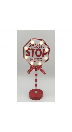  XMAS RED WOOD SIGN SANTA STOP HERE WITH LED LIGHTS 12X8X30CM