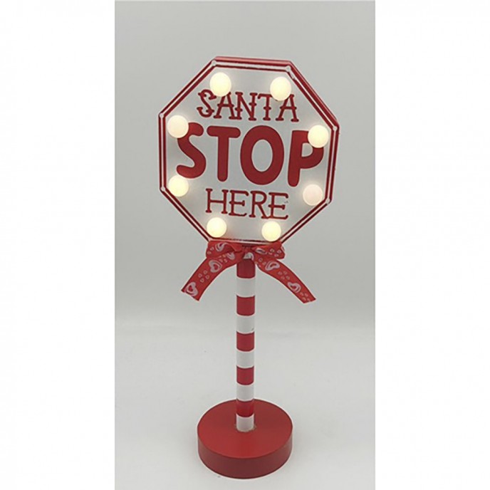  XMAS RED WOOD SIGN SANTA STOP HERE WITH LED LIGHTS 12X8X30CM 