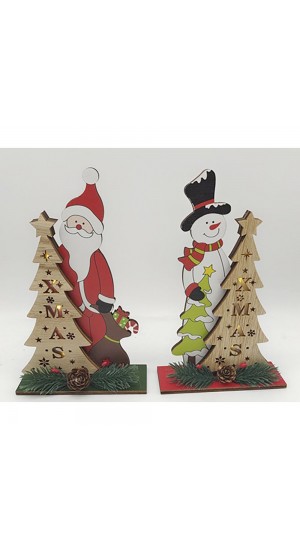 XMAS WOODEN SANTA AND SNOWMAN WITH LED LIGHTS 13X4.5X21CM 2 DESIGNS ASSORTED