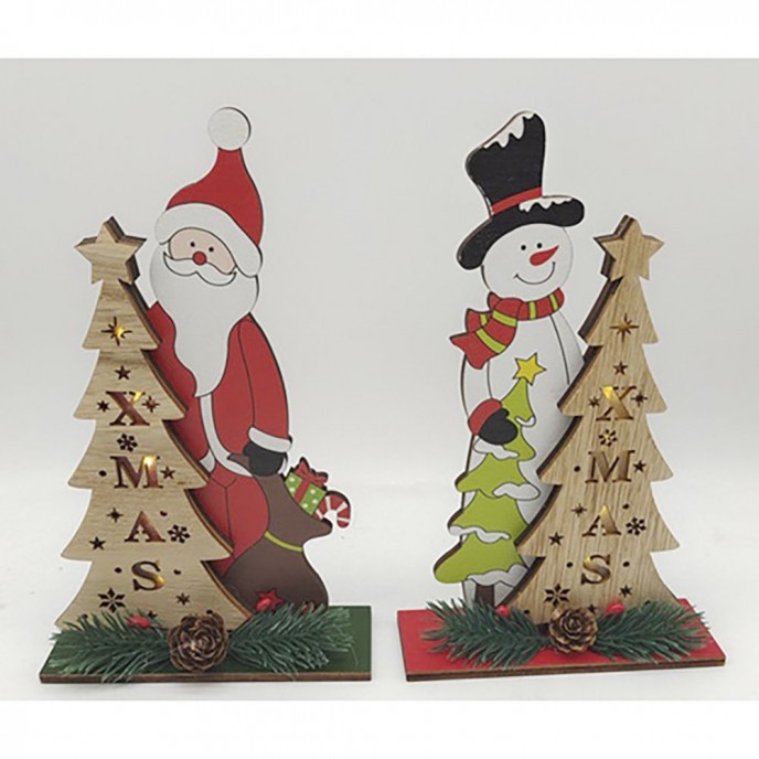  XMAS WOODEN SANTA AND SNOWMAN WITH LED LIGHTS 13X4.5X21CM 2 DESIGNS ASSORTED 
