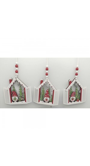  CHRISTMAS RED WINDOW WOODEN CHRISTMAS TREE ORNAMENT 12X12CM 3 DESIGNS ASSORTED