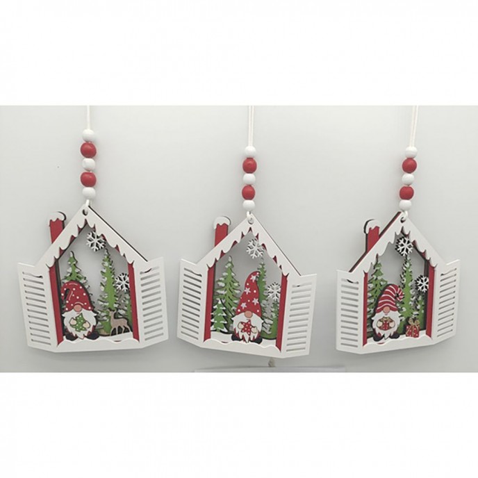 XMAS RED HOUSE WOODEN CHRISTMAS TREE ORNAMENT 11X12CM 3 DESIGNS ASSORTED 