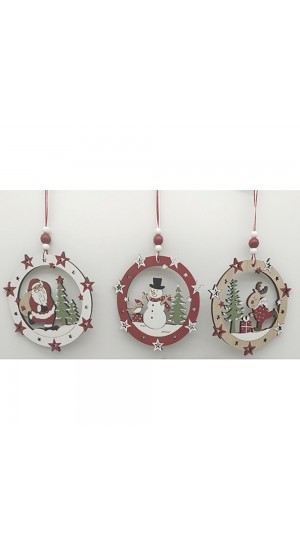  CHRISTMAS WOODEN BALL HANGING ORNAMENT 11X11CM 3 DESIGNS ASSORTED