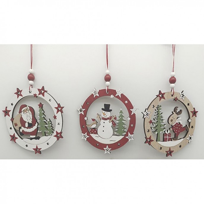  XMAS WOODEN BALL HANGING ORNAMENT 11X11CM 3 DESIGNS ASSORTED 