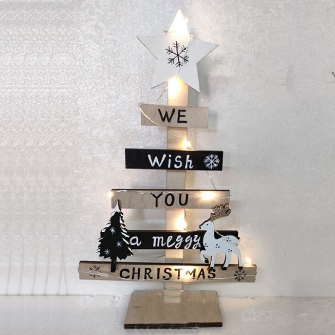  XMAS BLACK WOODEN TABLETOP TREE WITH LED LIGHTS 19X31CM 