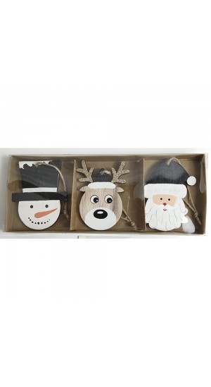  XMAS BLACK AND WHITE WOODEN HANGING ORNAMENTS 7CM SET 3