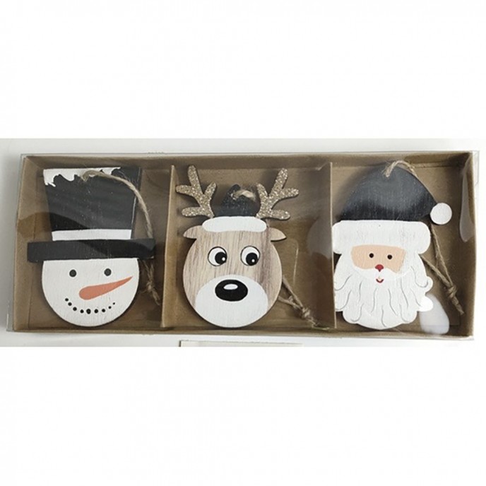  XMAS BLACK AND WHITE WOODEN HANGING ORNAMENTS 7CM SET 3 