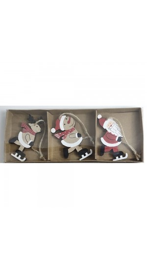  XMAS RED WOODEN HANGING ORNAMENTS 7CM SET 3