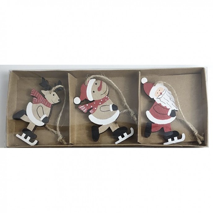  XMAS RED WOODEN HANGING ORNAMENTS 7CM SET 3 