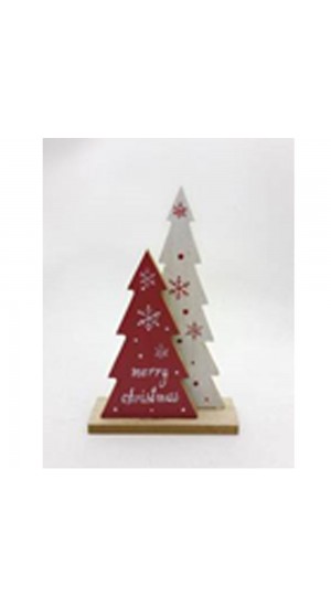  XMAS RED WHITE WOODEN TREES ON BASE 13X20CM