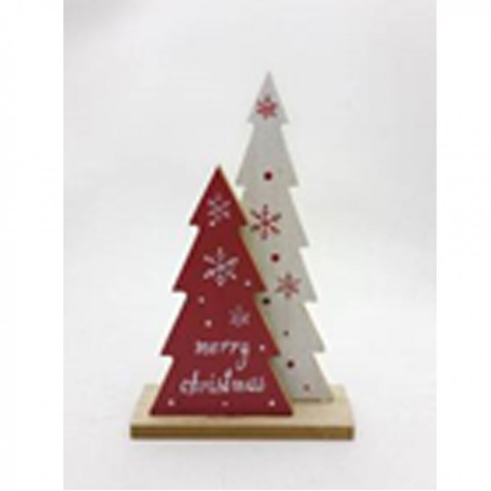  XMAS RED WHITE WOODEN TREES ON BASE 13X20CM 
