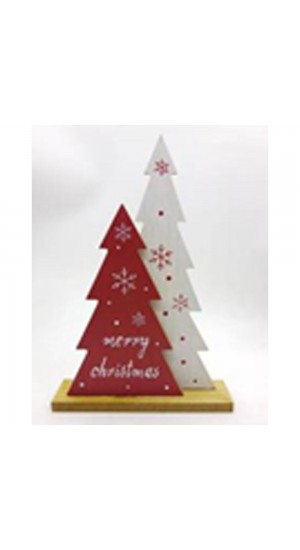  XMAS RED WHITE WOODEN TREES ON BASE 21X30CM