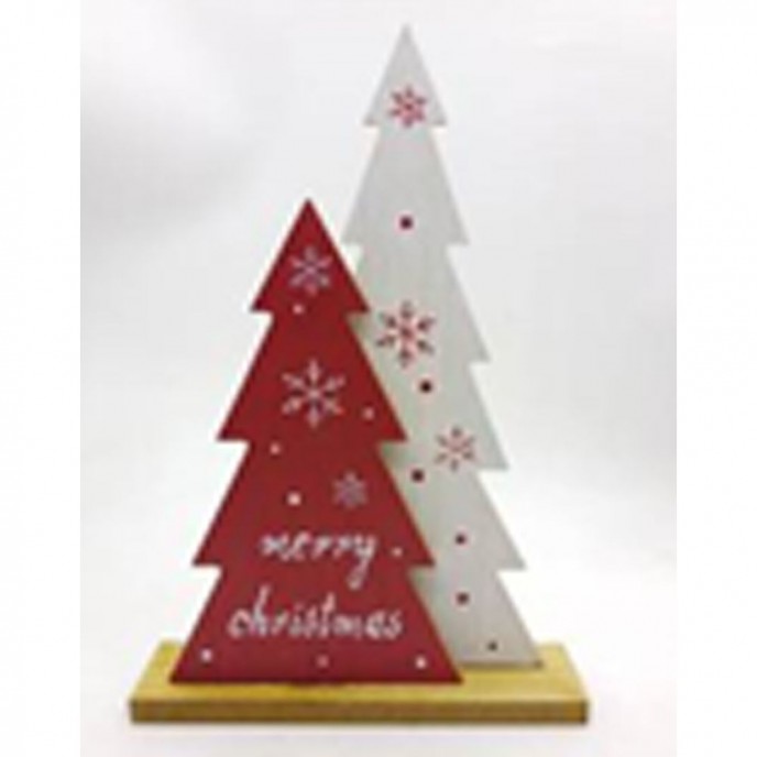 XMAS RED WHITE WOODEN TREES ON BASE 21X30CM 