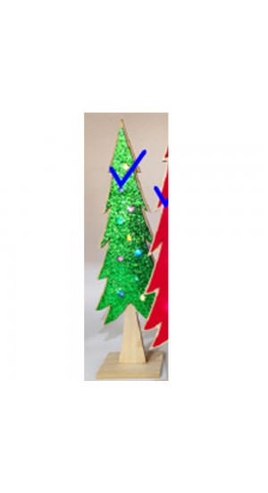  XMAS LIT-UP GREEN GLITTER WOODEN CHRISTMAS TREE 15X8X48CM 10LED