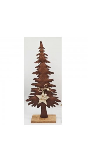  XMAS BROWN FAUX LEATHER CHRISTMAS TREE ON WOODEN BASE 24X6.5X49CM