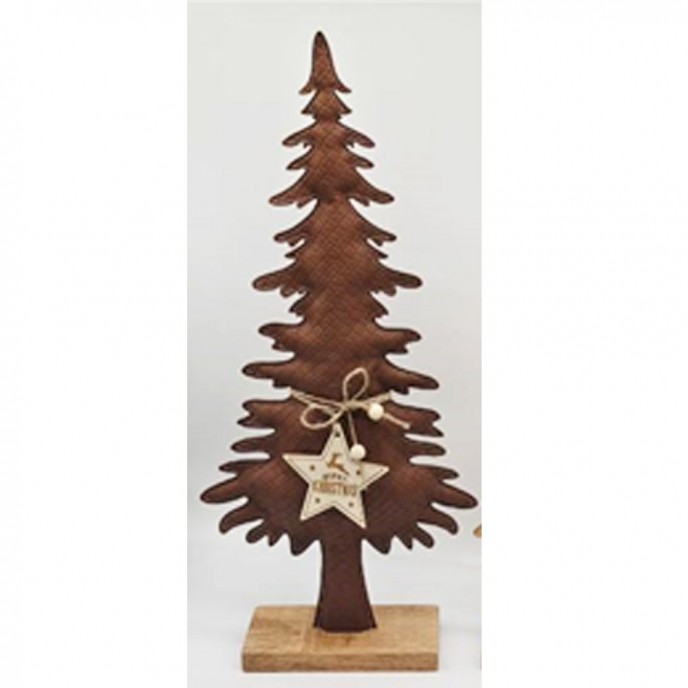  XMAS BROWN FAUX LEATHER CHRISTMAS TREE ON WOODEN BASE 24X6.5X49CM 