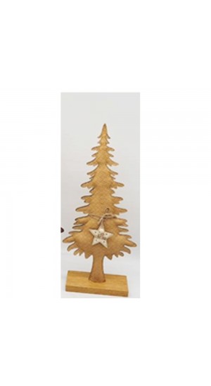  XMAS YELLOW FAUX LEATHER CHRISTMAS TREE ON WOODEN BASE 18X6X37CM