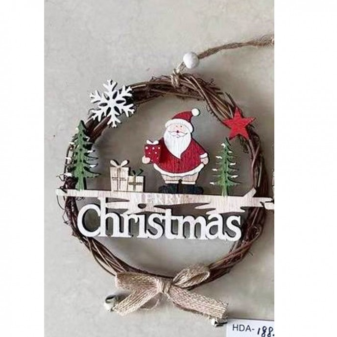  XMAS WOODEN HANGING WREATH WITH SANTA CLAUS D17CM 